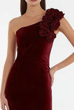 Burgundy One Shoulder Mermaid Velvet Holiday Party Dress