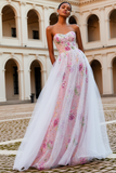 Pink Strapless Floral A-Line Tulle Prom Dress