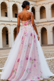 Pink Strapless Floral A-Line Tulle Prom Dress