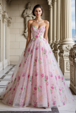 Princess Floral Pink Sweetheart Sequin Prom Dress