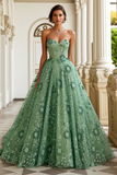 Green Corset Sweetheart Princess Prom Dress With Appliques
