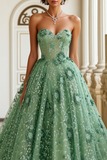 Green Corset Sweetheart Princess Prom Dress With Appliques