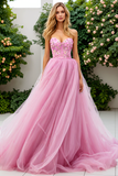 Pink A-Line Tulle Appliqued Strapless Prom Dress