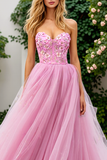 Pink A-Line Tulle Appliqued Strapless Prom Dress