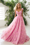 Pink A-Line Corset Floral Prom Dress With Appliques