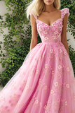 Pink A-Line Corset Floral Prom Dress With Appliques