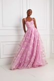 Floral Pink Appliqued Spaghetti Straps A-Line Prom Dress