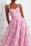 Floral Pink Appliqued Spaghetti Straps A-Line Prom Dress