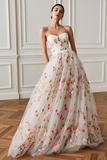 White Floral A-Line Strapless Prom Dress