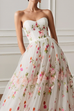 White Floral A-Line Strapless Prom Dress