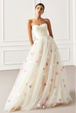 White Strapless A-Line Maxi Prom Dress wih Appliques