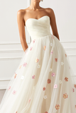 White Strapless A-Line Maxi Prom Dress wih Appliques