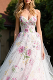 Floral White Spaghetti Straps Princess Prom Dress With Sequins