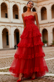 Strapless Red Tiered A-Line Prom Dress With Lace