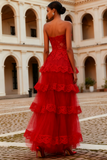 Strapless Red Tiered A-Line Prom Dress With Lace