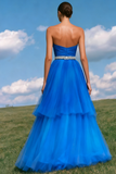 Royal Blue A-Line Strapless Prom Dress With Rhinestones