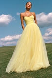 Strapless Light Yellow Tulle A-Line Prom Dress