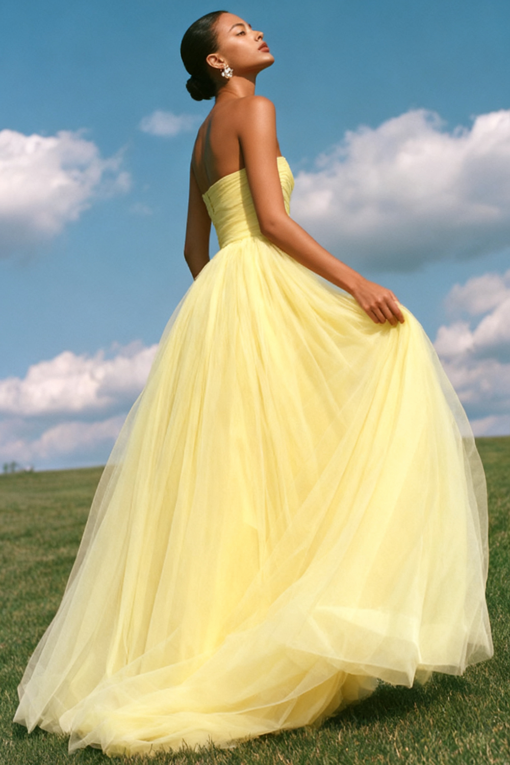 light yellow color dress One Shoulder Floral Aline Long Prom Asymmetrical Neckline Solid Color Open Back Cotton