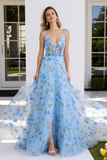 Light Blue Floral A-Line V-Neck Appliqued Prom Dress With Slit