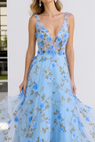 Light Blue Floral A-Line V-Neck Appliqued Prom Dress With Slit