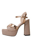 Glitter Rose Golden Platform Sandals With Ankle Strap