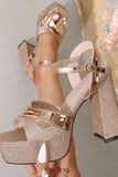 Glitter Rose Golden Platform Sandals With Ankle Strap