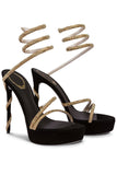 Sparkly Black Golden Strappy Gladiator Open Toe Stiletto High Heel Sandals