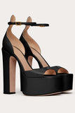 Black Platform Hunky Heel Sandals With Ankle Strap