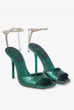Dark Green Open Toe Stiletto Heels With Rhinestones Ankle Strap
