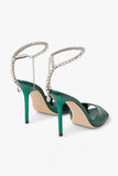 Dark Green Open Toe Stiletto Heels With Rhinestones Ankle Strap