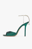 Dark Green Open Toe Stiletto Heels With Rhinestones Ankle Strap