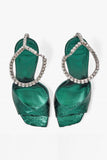 Dark Green Open Toe Stiletto Heels With Rhinestones Ankle Strap