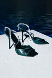 Dark Green Open Toe Stiletto Heels With Rhinestones Ankle Strap