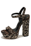 Coffee Leopard Beaded Chunky High Heel Sandals With Ankle Strap