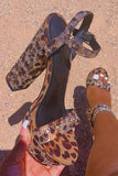 Coffee Leopard Beaded Chunky High Heel Sandals With Ankle Strap