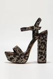 Coffee Leopard Beaded Chunky High Heel Sandals With Ankle Strap