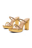 Golden Open Toe Chunky High Heel Sandals With Beading