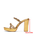 Golden Open Toe Chunky High Heel Sandals With Beading