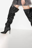 Sparkly Silver Rhinestone Over-The-Knee Stiletto Boots