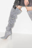 Sparkly Silver Rhinestone Over-The-Knee Stiletto Boots