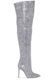 Sparkly Silver Rhinestone Over-The-Knee Stiletto Boots