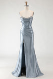 Strapless Grey Blue Corset Beaded Mermaid Prom Dress With Slit
