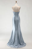Strapless Grey Blue Corset Beaded Mermaid Prom Dress With Slit