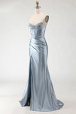 Strapless Grey Blue Corset Beaded Mermaid Prom Dress With Slit