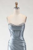 Strapless Grey Blue Corset Beaded Mermaid Prom Dress With Slit