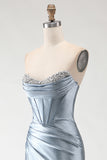 Strapless Grey Blue Corset Beaded Mermaid Prom Dress With Slit