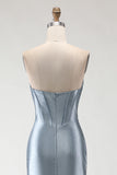 Strapless Grey Blue Corset Beaded Mermaid Prom Dress With Slit