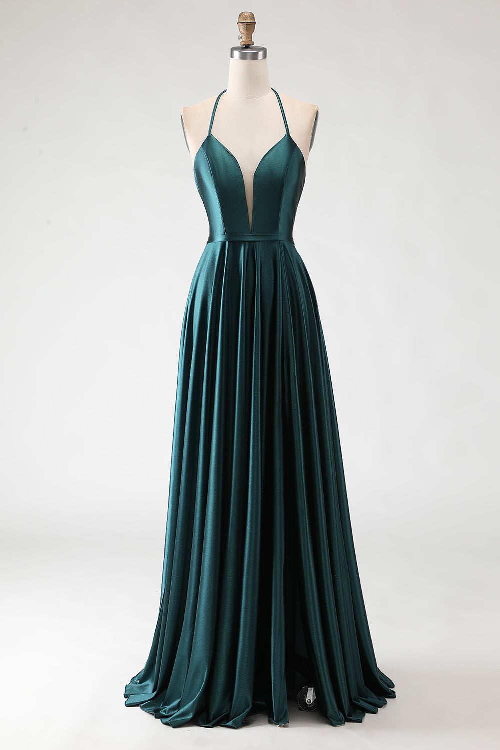 Berylove Women Dark Green Prom Dress With Slit Halter A-Line Satin Maxi Formal Dress With Lace Up Back Berylove Women Dark Green Prom Dress With Slit Halter A-Line Satin Maxi Formal Dress With Lace Up Back