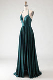 Dark Green A-Line Halter Satin Prom Dress With Slit