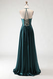 Dark Green A-Line Halter Satin Prom Dress With Slit